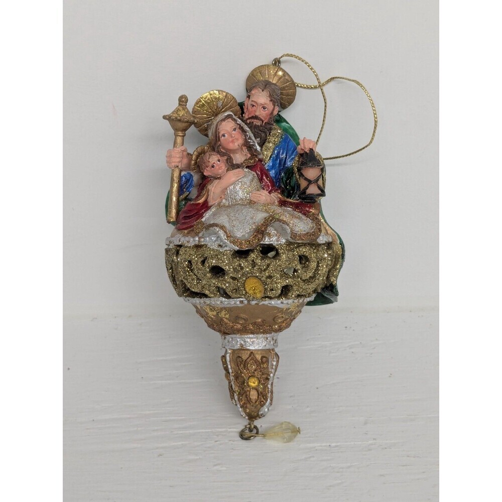 "Holy Family" Ornament Mary, Joseph, Jesus Glitter With Xmas Light Insert